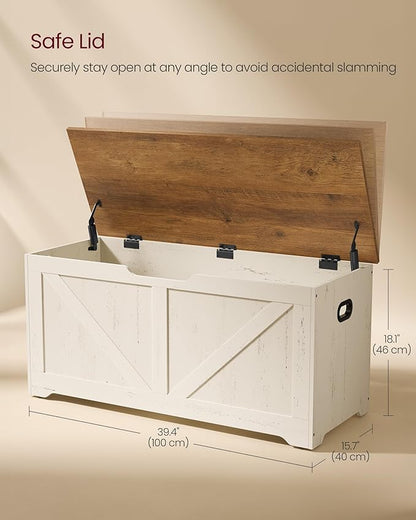 VASAGLE Storage Chest, Storage Bench with 2 Safety Hinges, Farmhouse Style, 15.7 x 39.4 x 18.1 Inches, for Entryway, Bedroom, Living Room, Honey Brown and Rustic White ULSB060WJ01S