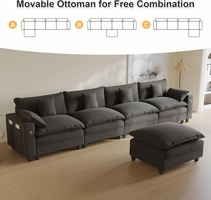 Cloud Couch, Modular Sectional Sofa with Ottoman, Charging Station, Throw Pillows, Cup Holders, Modern Convertible L Shaped Couches for Living Room, Bedroom (Classic Black, 152"- L Shape)