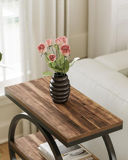 LITTLE TREE End Table Set 2, Side Table with 3 Tiers Shelves, Slim Sofa Side Table for Living Room, Tall Bedside Table Nightstand for Bedroom, Rustic Brown and Black