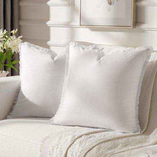 FUTEI Cream White Velvet Decorative Throw Pillow Covers 20x20 Set of 2,Soft Cozy Edge with Tassels Cushion Case,Boho Modern Home Decor for Couch Bed Living Room