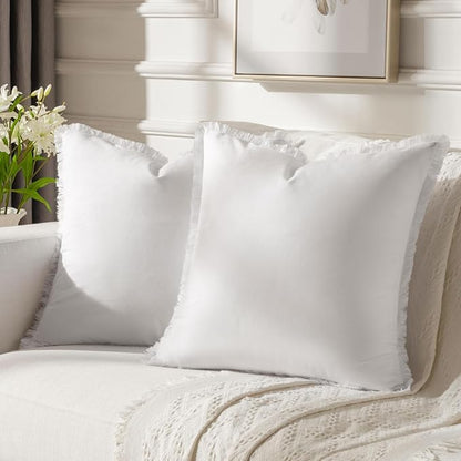 FUTEI Cream White Velvet Decorative Throw Pillow Covers 18x18 Set of 2,Soft Cozy Edge with Tassels Cushion Case,Boho Modern Home Decor for Couch Bed Living Room