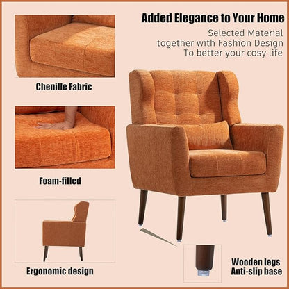 Accent Chair, Comfy Upholstered Living Room Chairs with High Tufted Backrest and Pillow, Wingback Reading Chair with Solid Wood Legs for Bedroom/Office, Chenille Fabric, Orange
