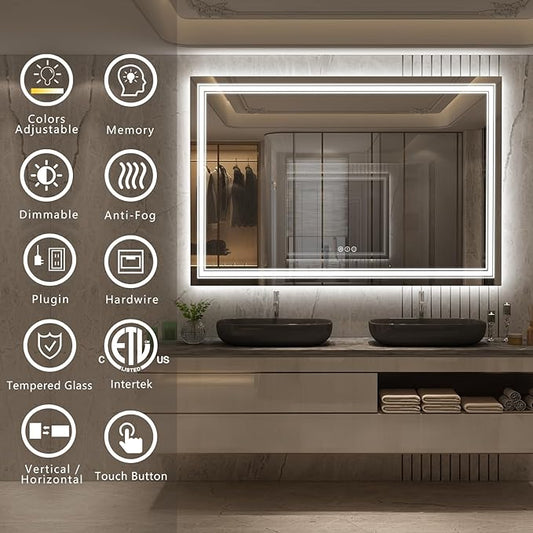 66x40 LED Bathroom Mirror, Lighted Mirror for Bathroom Wall, Backlit and Front lit, Dimmable, Anti-Fog, Shatterpoof, Memory (Horizontal/Vertical)