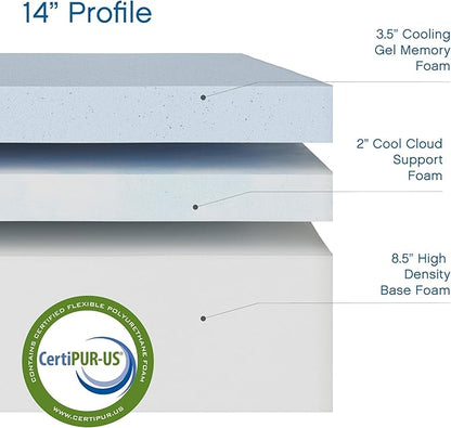 Classic Brands Cool Gel Chill Memory Foam 14-Inch Mattress with 2 BONUS Pillows |CertiPUR-US Certified |Bed-in-a-Box, Queen