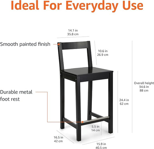 Amazon Basics Wooden Bar Stool with Backrest 24", Black, Set of 2