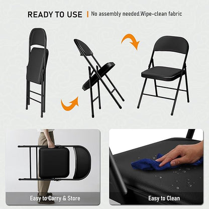 SEALAMB 4 Pack Black Folding Chairs with Padded Seats & Cushion, Durable Metal Foldable Chairs for Wedding Party, Commercial Chairs for Office School Church Events, 330lb Capacity (Black-PU, 4 Pack)
