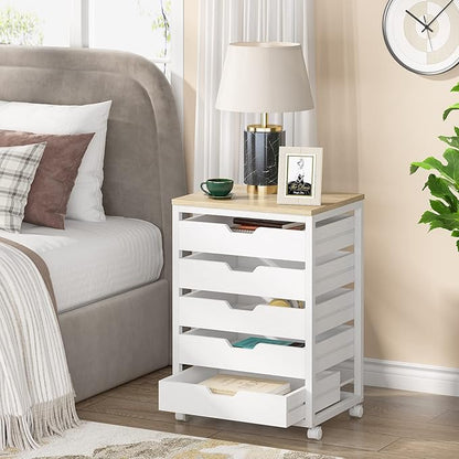 Tribesigns 5 Drawer Chest, Wood Storage Dresser Cabinet with Wheels, Industrial Storage Drawer Organizer Cart for Office Bedroom Entryway (White, 1 PC)