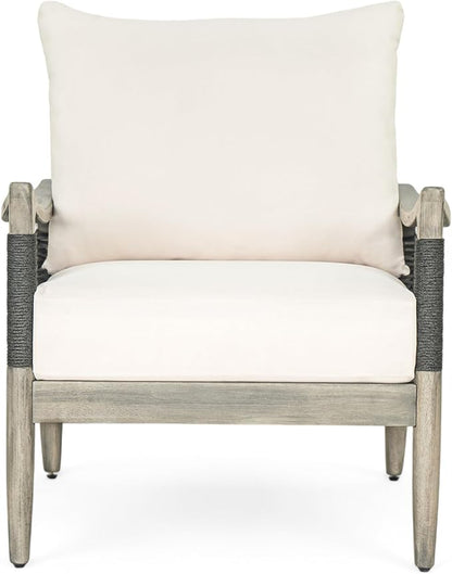 Christopher Knight Home Havets Patio Acacia Wood Club Chair with Woven Rope, Comfortable Outdoor Armchair, Water-Repellent Thick Cushion Deep Seating for Porch, Garden, Backyard, Balcony, Gray+Beige