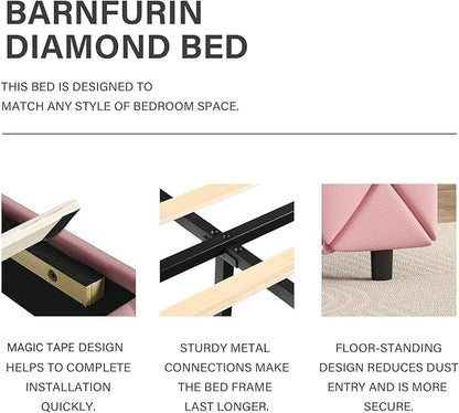 BarnFurin Twin Bed Frame with Headboard, Faux Leather Upholstered Bed with Diamond Tufted Design, Princess Twin Bed Frames for Kids, No Box Spring Required, Easy Assembly, Pink