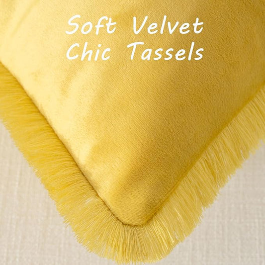 FUTEI Lemon Yellow Velvet Decorative Throw Pillow Covers 20x20 Set of 2,Soft Cozy Edge with Tassels Cushion Case,Boho Modern Home Decor for Couch Bed Living Room