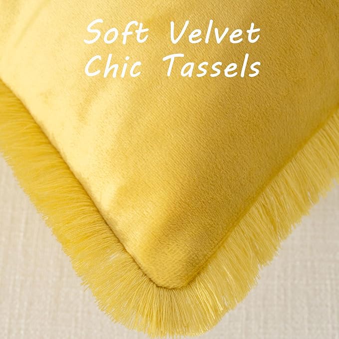 FUTEI Lemon Yellow Velvet Decorative Throw Pillow Covers 24x24 Set of 2,Soft Cozy Edge with Tassels European Cushion Case,Boho Modern Home Decor for Couch Bed Living Room