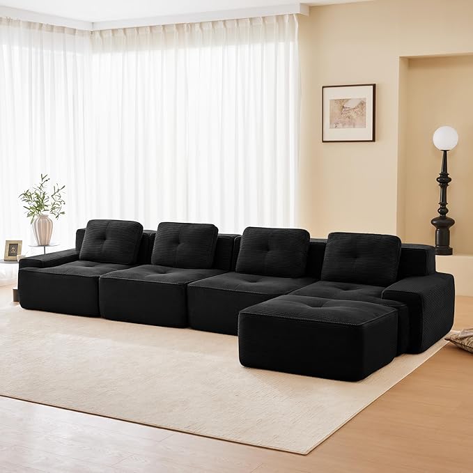150.4” Black Boneless Couches for Living Room, Modular Sectional Sofa with L-Shape Chaise, 4 Seater Comfy Upholstered Deep Seat Corduroy Fabric Cloud Couch No Assembly, Anti-Slip Design