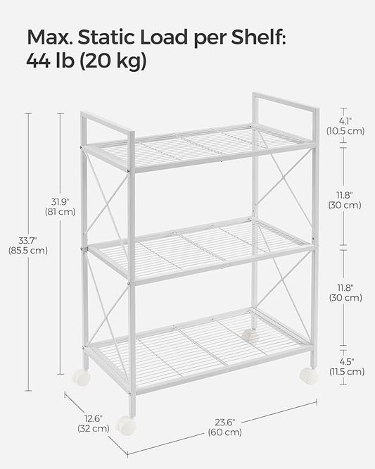 SONGMICS 3-Tier Metal Storage Rack with Wheels, Mesh Shelving Unit with X Side Frames, 23.6-Inch Width, for Entryway, Kitchen, Living Room, Bathroom, Industrial Style, White UBSC163W01