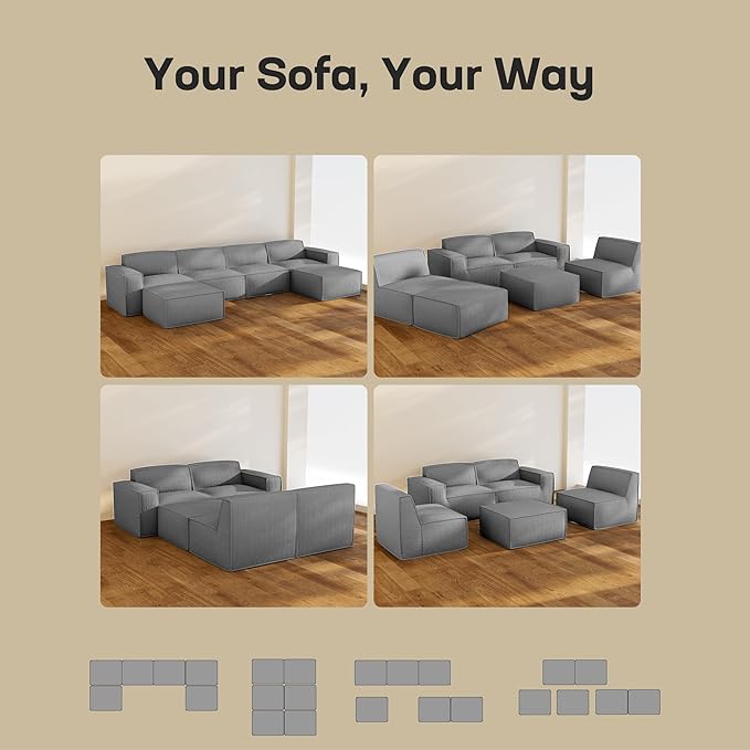 Marsail Modular Sectional Sofa, 142" U-Shaped Modular Sectional Couch with Deep Seat, Freely Combinable Sectional Clound Sofa for Living Room, No Assembly, Plush Corduroy Fabric, Grey