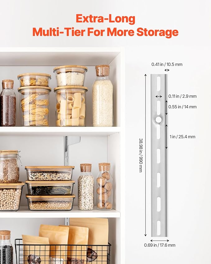 VEVOR Shelf Pilaster, 39-inch 10 Pack, Upright Wall Shelving System, Heavy Duty Support System Single Slot Shelf Rails, 40 Screws Included, Suitable for Cabinet Closet Organization Storage, Silver