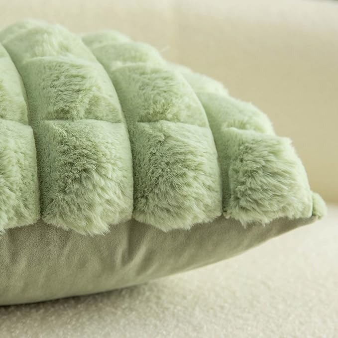 Neelvin Green Faux Fur Cozy Soft Plaid Decorative Throw Pillow Covers 18x18 inch Set of 2,Velvet Pillowcase Cushion Case for Sofa Couch