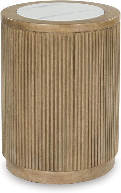 Signature Design by Ashley Camdill Round End Table, Scratch & Stain Resistant, Faux Marble Top, Hardwood Solids, 18.13" W x 18.13" D x 23.75" H, Light Brown & White