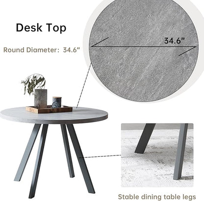 34.6'' Round Dining Table and Chairs for 2, Space Saving Modern Casual Coffee Table Set for Apartment Kitchen Dining Room (Grey Table+2 Brown Chairs)