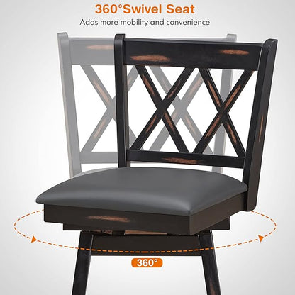 COSTWAY Bar Stool Set of 2, 360 ° Swivel Counter Height 29.5 inch Bar Stool with Foot Rest Upholstered Cushion & Ergonomic Backrest, Premium Foot Rest & Sturdy Frame (4, Black + Grey)