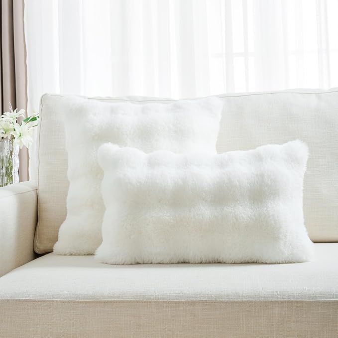 FUTEI Cream White Decorative Throw Pillow Covers 24x24 Inch Set of 2,Soft Fuzzy Faux Rabbit Fur European Cushion Covers with Raised Texture,Neutral Boho Home Decor for Couch Bed Living Room