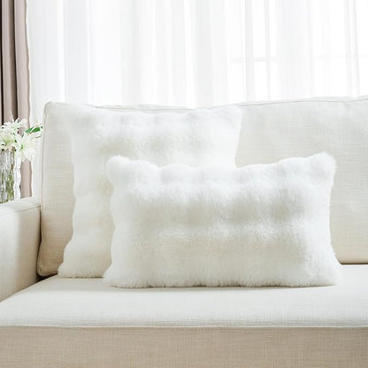 FUTEI Cream White Decorative Throw Pillow Covers 26x26 Inch Set of 2,Soft Fuzzy Faux Rabbit Fur Euro Pillow Shams with Raised Texture,Neutral Boho Home Decor for Couch Bed Living Room