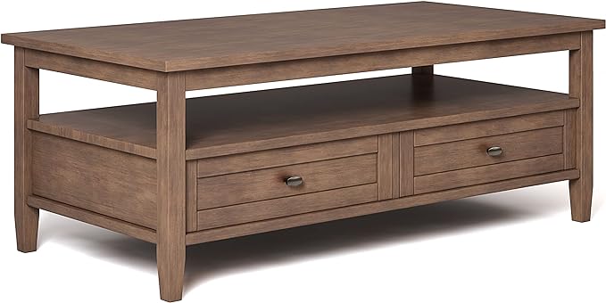 SIMPLIHOME Warm Shaker Coffee Table - 48 inch Wide Solid Wood Cocktail Table in Rustic Natural Aged Brown, Transitional Living Room Table with 2 Storage Drawers and Open Shelf for Sitting Area