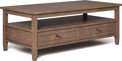 SIMPLIHOME Warm Shaker Coffee Table - 48 inch Wide Solid Wood Cocktail Table in Rustic Natural Aged Brown, Transitional Living Room Table with 2 Storage Drawers and Open Shelf for Sitting Area