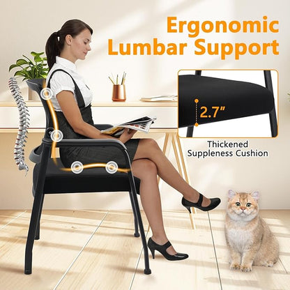 4PK Office Guest Chairs No Wheels | Ergonomic Lumbar Support and Thicked Seats Cushion, Desk Chair with Adjustable Mesh Back for Waiting Room School Church Reception，Black