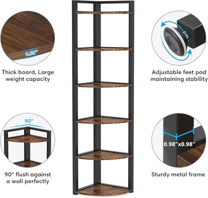 Tribesigns 6 Tier Corner Shelf, 70.9 Inch Tall Corner Bookshelf Small Bookcase Rustic Corner Shelving Unit Storage Rack for Living Room, Home Office, Kitchen, Small Space