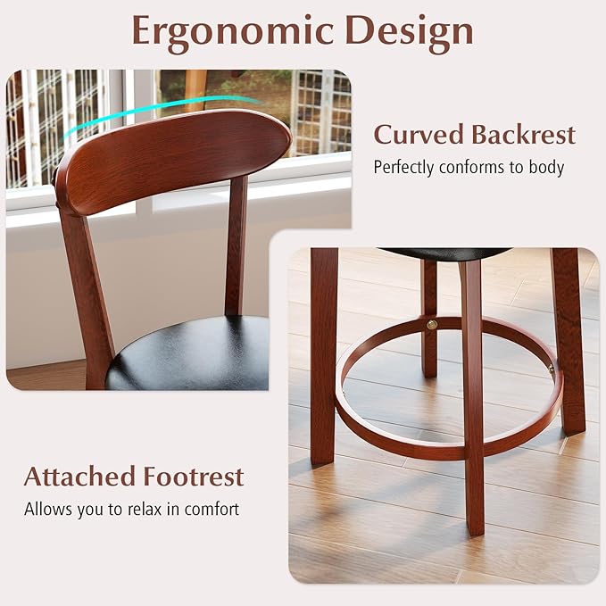 COSTWAY Bar Stool Set of 4, 23.5'' Counter Height Barstools w/Curved Backrest, Faux Leather Cushion & Rubber Wood Frame, Mid Century Modern Island Chairs for Kitchen Bar Cafe, Walnut