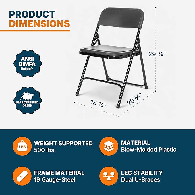 OEF Furnishings OEF800 Series Premium Heavy-Duty Plastic Folding Chairs, Lightweight, Durable Seating for Indoor and Outdoor Use, 500 lb Capacity (4-Pack, Gray Plastic with Black Frame)