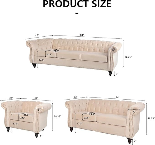 Home Sofa Living Room Furniture, 3 Seater 84" Velvet Upholstered Couch, Mid Century Modern Comfy Couch with Cushions, Classic Tufted Chesterfield Couches for Bedroom, Office, Apartment (Beige)