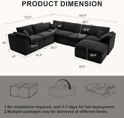 143" Cloud Sectional Couch, Boneless couches for Living Room, 7 Seater Large Modular Sectional Sofa with Deep Seat, Comfy Soft Cushions, No Assembly, Black