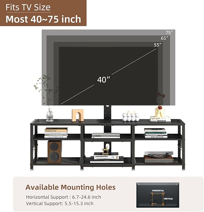 VECELO 63" TV Stand with Mount and Power Outlets, Entertainment Center Console with Open Storage Shelves, Height Adjustable Mount up to 75”, Wooden Table and Metal Frame for Living Room, Modern Black