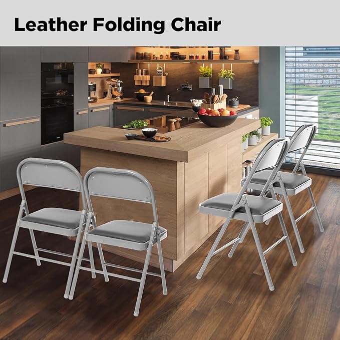6 Pack Folding Chairs with Padded Seats, Padded Folding Chair with Steel Frame for Events Home Office, Pu Leather Folding Chair Grey