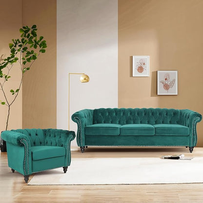 Home Sofa Living Room Furniture, 3 Seater 84" Velvet Upholstered Couch, Mid Century Modern Comfy Couch with Cushions, Classic Tufted Chesterfield Couches for Bedroom, Office, Apartment (Green)