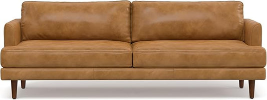 SIMPLIHOME Livingston 90-inch Wide Sofa in Sienna Top Grain Genuine Leather, Handcrafted Mid-Century Modern Couch for Living Room, Large 3-Seater with Feather-Wrapped Cushions and Solid Wood Frame