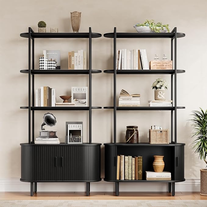 71" Tall Fluted Bookshelf with Sliding Tambour Doors, 4-Tier Mid Century Modern Metal Bookcase Cabinet w/Open Display Storage Shelf, Display Cabinet for Office, Living Room Black