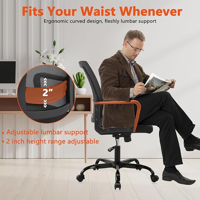 CLATINA Ergonomic Desk Chair, Mid Back Mesh Computer Chair with Lumbar Support and Armrest, Height Adjustable Swivel Chair for Home Office, Black (4PK)