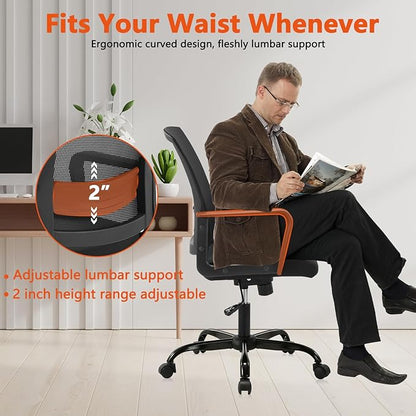 CLATINA Ergonomic Desk Chair, Mid Back Mesh Computer Chair with Lumbar Support and Armrest, Height Adjustable Swivel Chair for Home Office, Black (2PK)