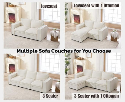 EALSON 93 Inch Modular Sectional Sofa Modern Comfy 3-Seater Couch Sofa Linen Fabric Upholstered Cloud Couches with 24" Deep Seat and Wooden Legs for Bedroom/Living Room/Office, White