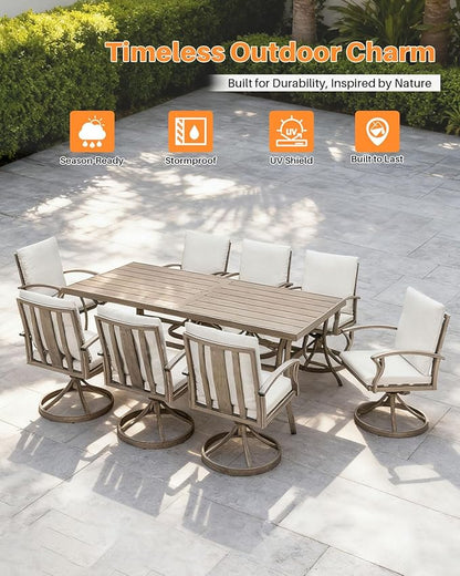 9-Piece Patio Dining Set for 8, Aluminum Outdoor Swivel Dining Set with Cushions, Outdoor Dining Set with Umbrella Hole, Patio Table and Chairs Furniture Sets for Deck, Garden Yard, Limed Oak