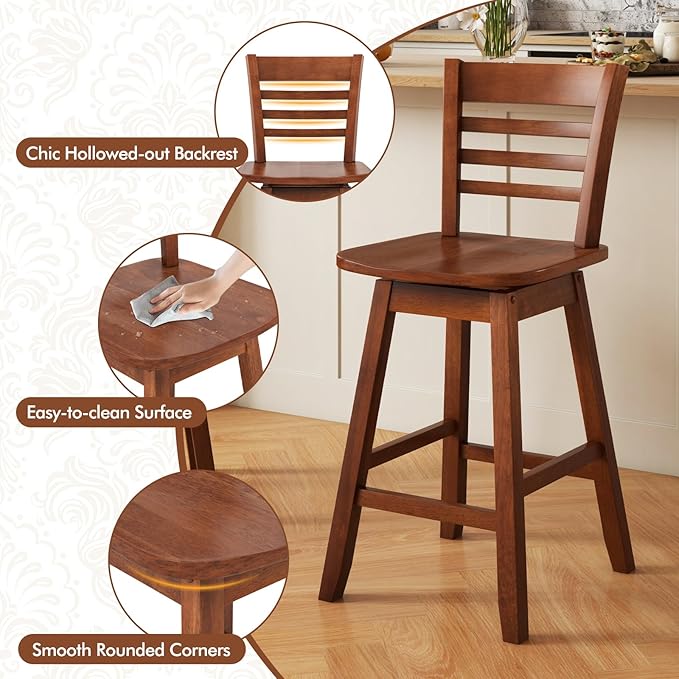 COSTWAY Bar Stools Set of 2, 24.5 Inch Swivel Counter Height Bar Chairs with Hollow Backrest & Contoured Seat, with Footrest for Kitchen Island, Pub, Bistro, Cafe (2, Walnut)