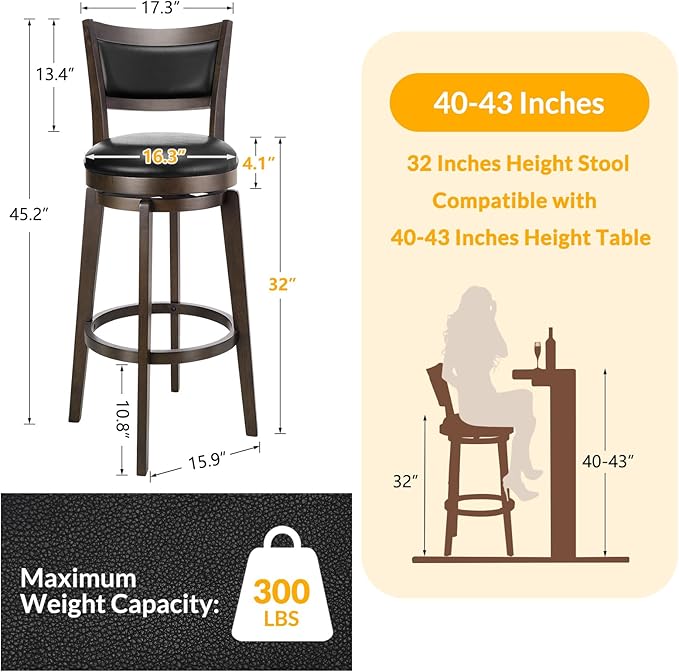 PrimeZone Swivel Bar Stools Set of 6, 32 Inch Tall Bar Height Barstools, Black Faux Leather Bar Stool with High Backrest & Solid Wood Legs & Wrap-Around Footrest, Counter Stools for Pub