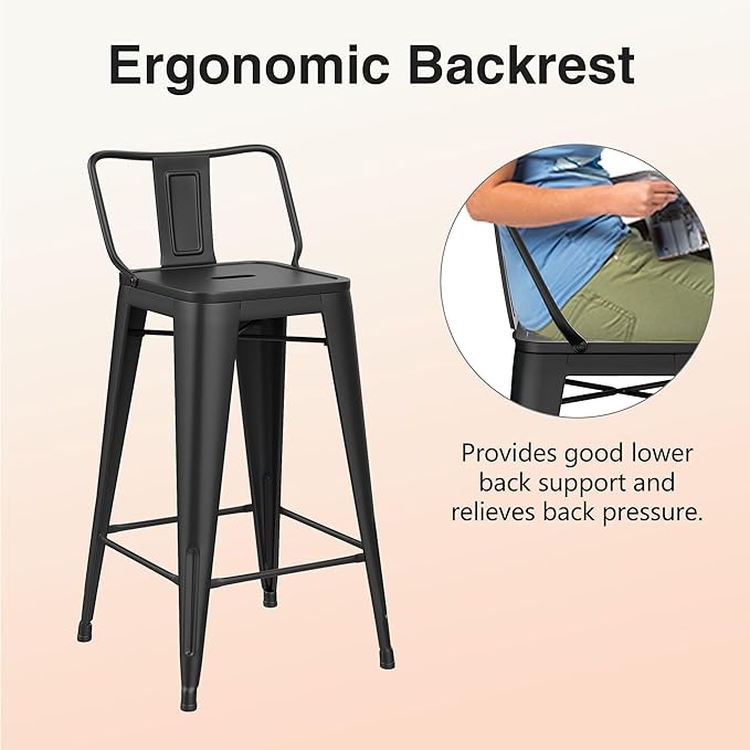 HAOBO Home Metal Bar Stools Set of 2 Low Back Counter Height Barstools 26" Industrial Barstool Patio Stool Metal Kitchen Stools Bar Chairs for Indoor Outdoor