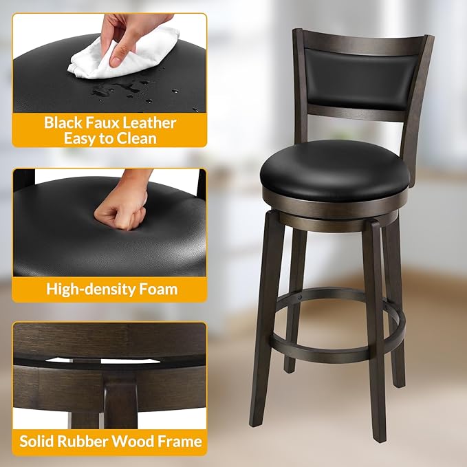 PrimeZone Swivel Bar Stools Set of 8, 26 Inch Counter Height Barstools, Black Faux Leather Bar Stool with High Backrest & Solid Wood Legs & Wrap-around Footrest, Counter Stools for Kitchen Island, Pub