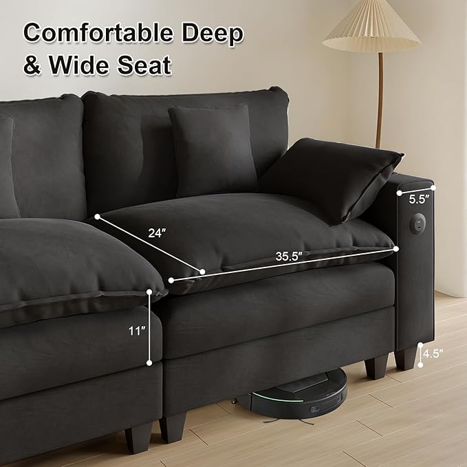 Cloud Couch, Modular Sectional Sofa with Ottoman, Charging Station, Throw Pillows, Cup Holders, Modern Convertible L Shaped Couches for Living Room, Bedroom (Classic Black, 152"- U Shape)