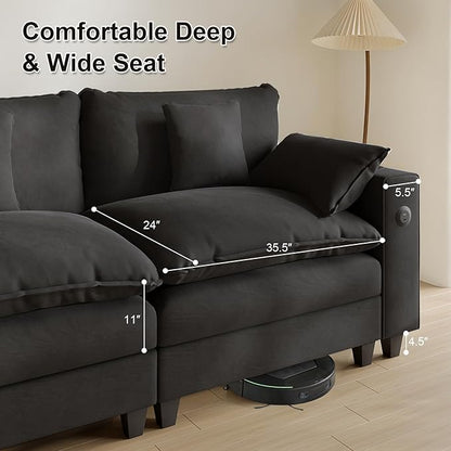 Cloud Couch, Modular Sectional Sofa with Ottoman, Charging Station, Throw Pillows, Cup Holders, Modern Convertible L Shaped Couches for Living Room, Bedroom (Classic Black, 152"- L Shape)