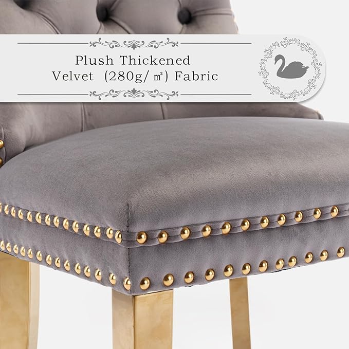 Velvet Upholstered Dining Chairs Set of 4, Modern Style Kitchen Side Chairs with Nailhead Trim and Gold Plated Leg, Metal Pulling Ring for Dining Room Living Room(Gery-Gold Plated Leg)