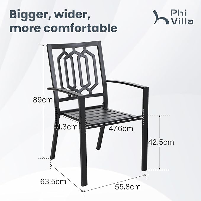 PHI VILLA Set of 2 Stackable Wrought Iron Patio Dining Chairs, Portable Black Outdoor Bistro Deck Metal Chairs, Support 300 lbs, Ideal for Garden, Backyard, Lawn